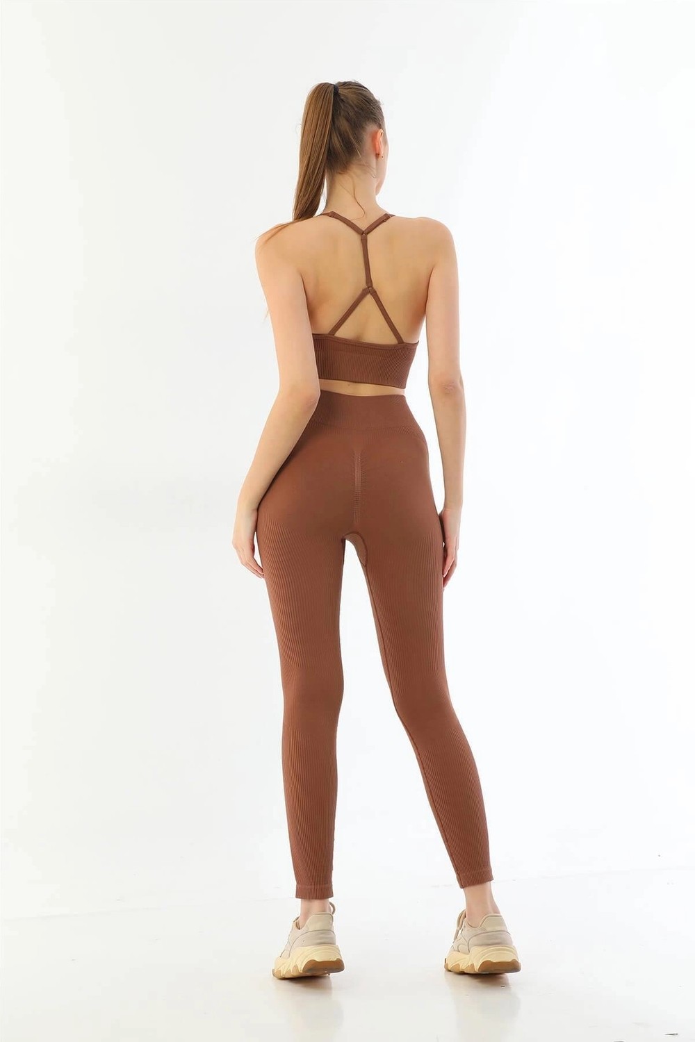 TKÇ Kahve Soft Seamless Ripli Tayt Yoga Seti - KLBN30754 görsel 2