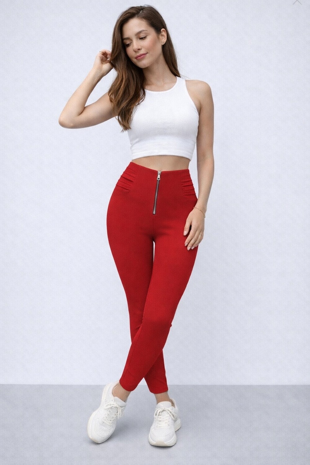 TeknoKapsül Kadın Yüksek Belli Önden Fermuar ve Nervur Detaylı Dalgıç Tayt - Kırmızı / 2xl-3xl görsel 2