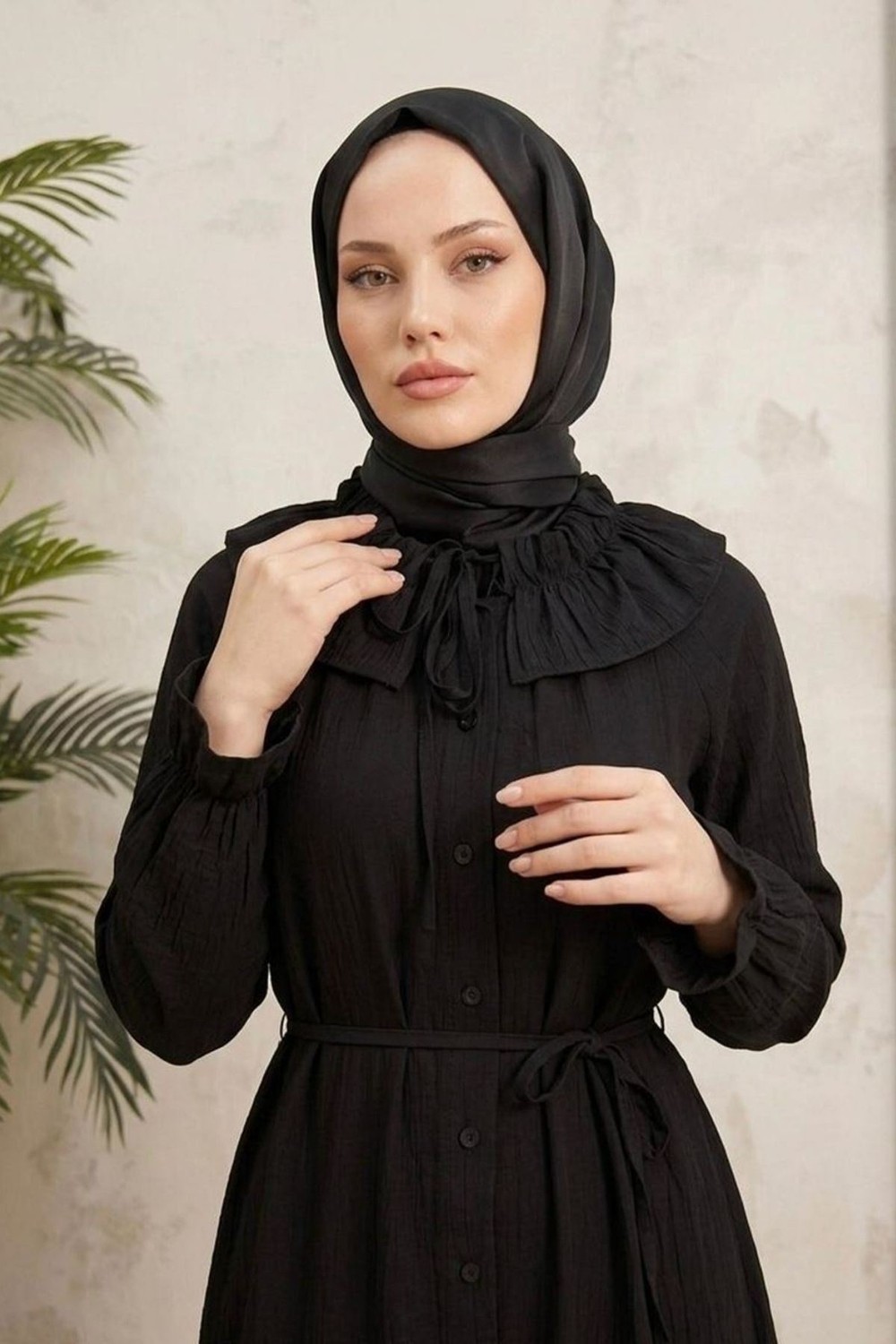 Modestim Kadın Tesettür Haki Çilek Kumaş Boydan Düğmeli Fırfır Yaka Bağlamalı Salaş Elbise görsel 5