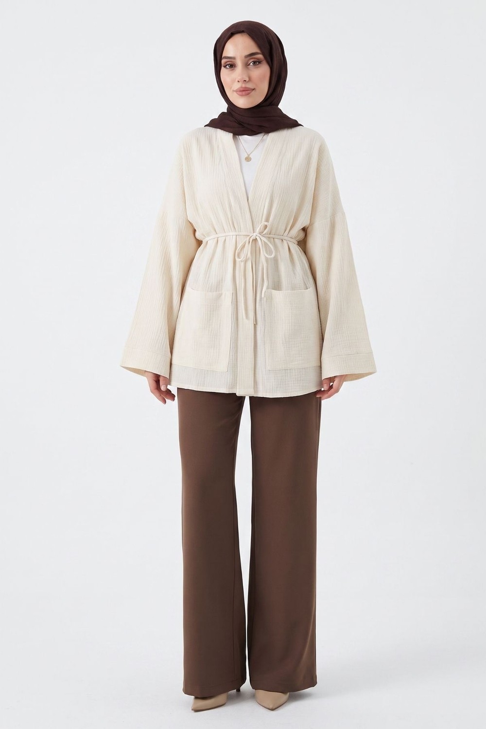 Modestim Kadın Tesettür Ekru Müslin Kumaş Cepli Bağlamalı Kimono Hırka görsel 2