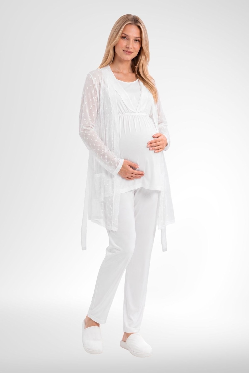 Mecit Pijama Mecit 6406 Ekru Dantel Sabahlıklı Lohusa Pijama Takımı