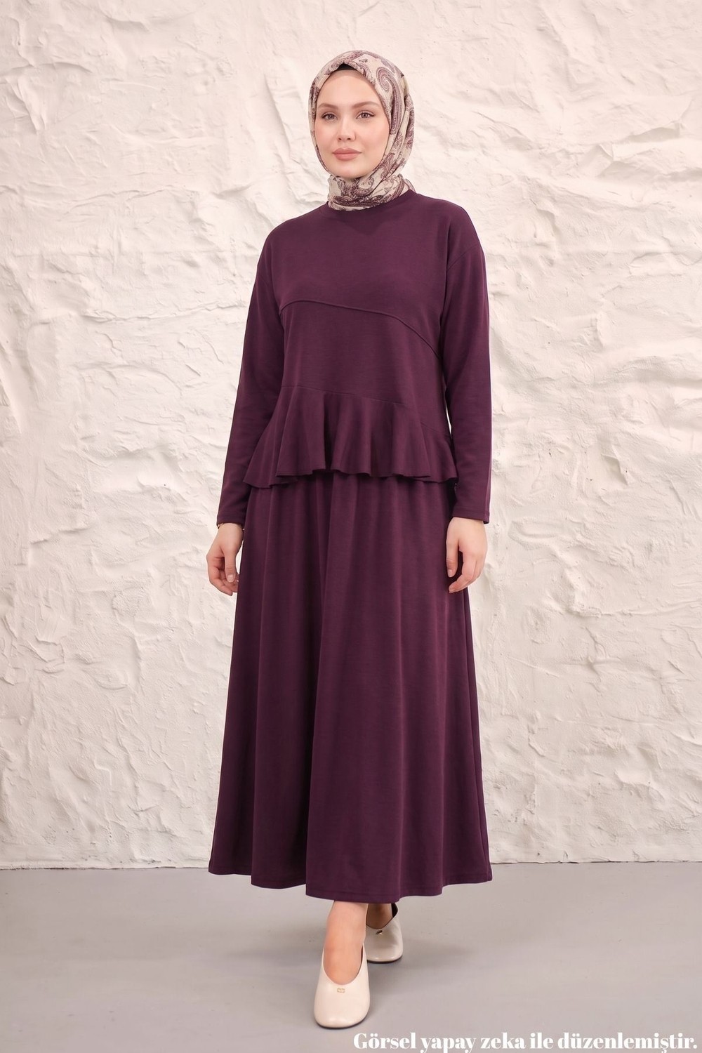 Modestim Kadın Tesettür Haki Pike Kumaş Peplum Fırfırlı Bluz Etek Takım görsel 5
