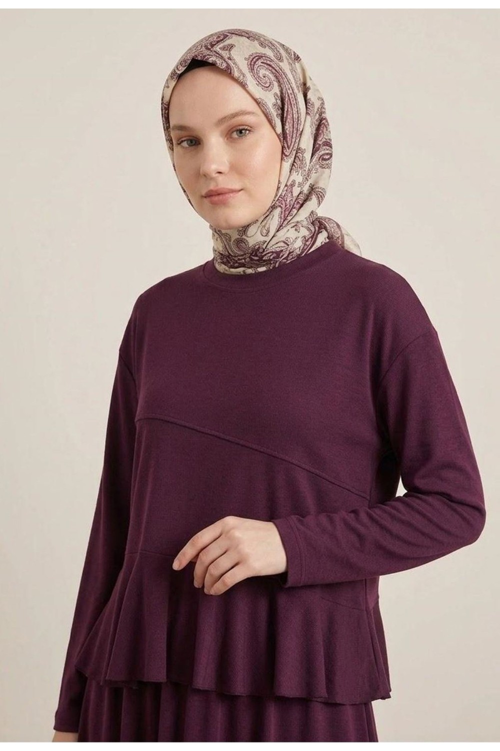 Modestim Kadın Tesettür Haki Pike Kumaş Peplum Fırfırlı Bluz Etek Takım görsel 6