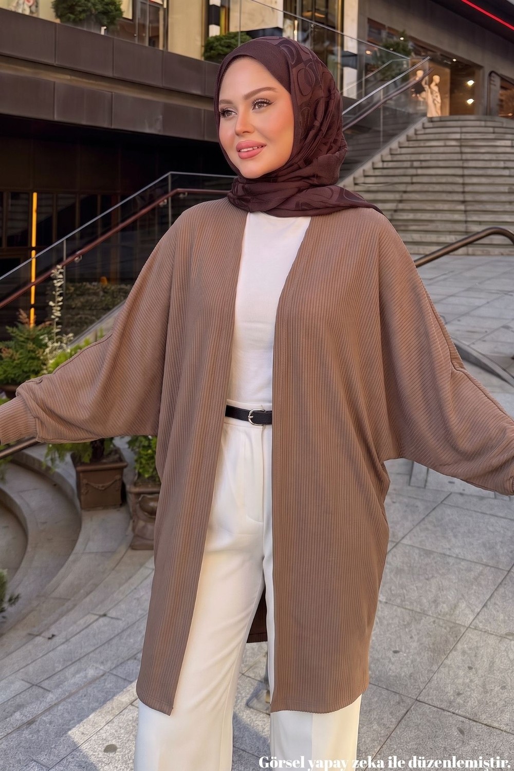Modestim Kadın Fitilli Kumaş Yarasa Kol Vizon Tesettür Hırka