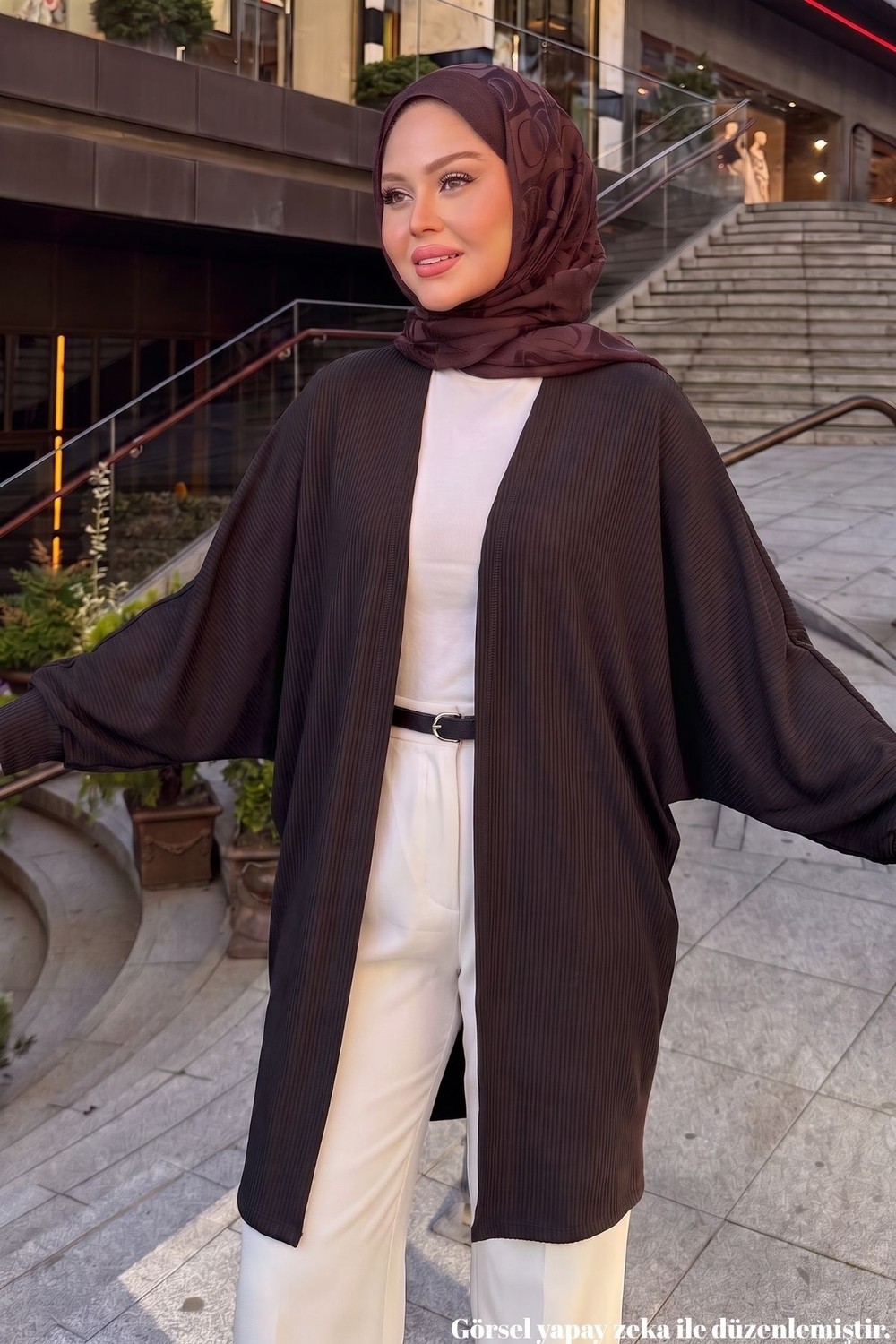 Modestim Kadın Fitilli Kumaş Yarasa Kol Vizon Tesettür Hırka görsel 4