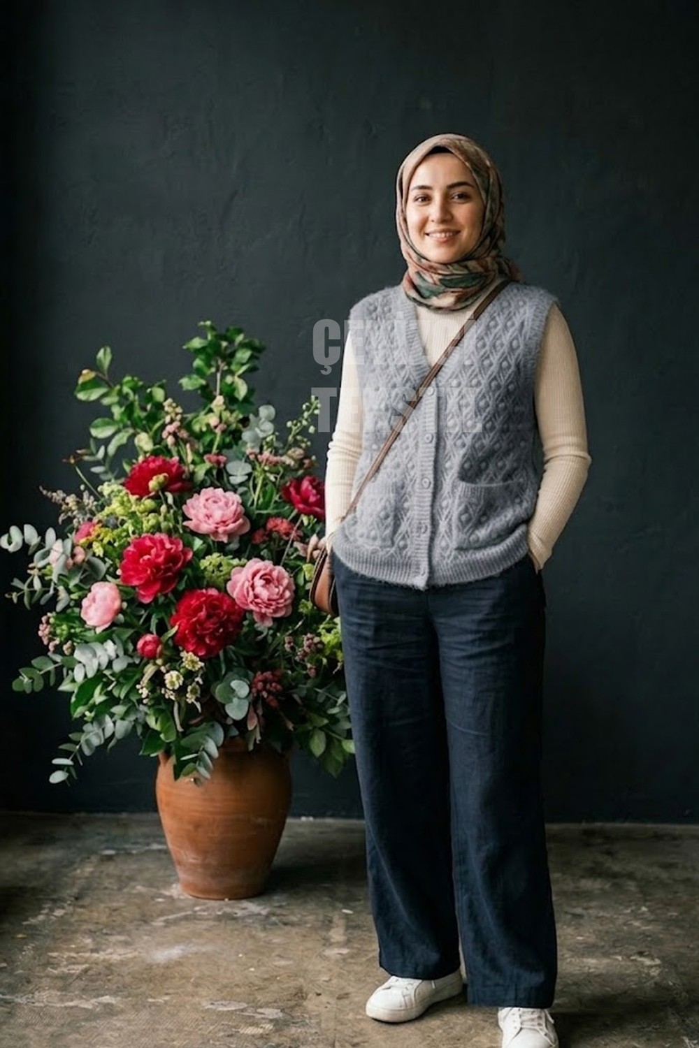 Belirtilmemiş Yumoş Ponpon Düğmeli Yelek - Gri