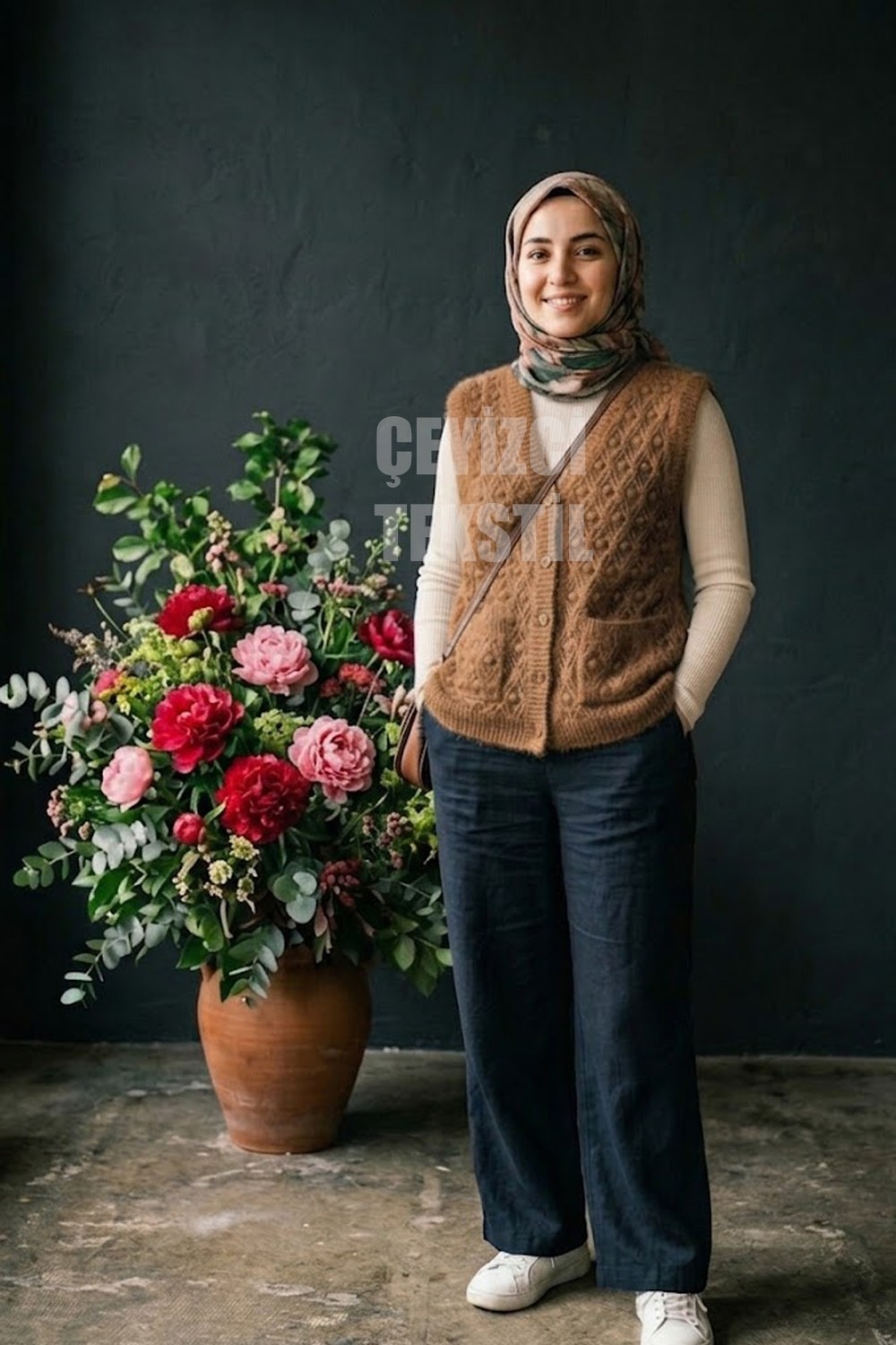 Belirtilmemiş Yumoş Ponpon Düğmeli Yelek - Koyu Kahve