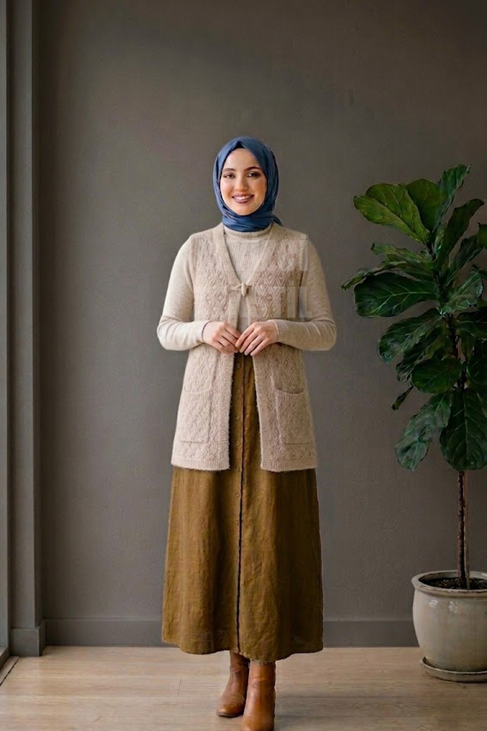 Belirtilmemiş Yumoş Ponpon Bağlamalı Yelek - Kahve