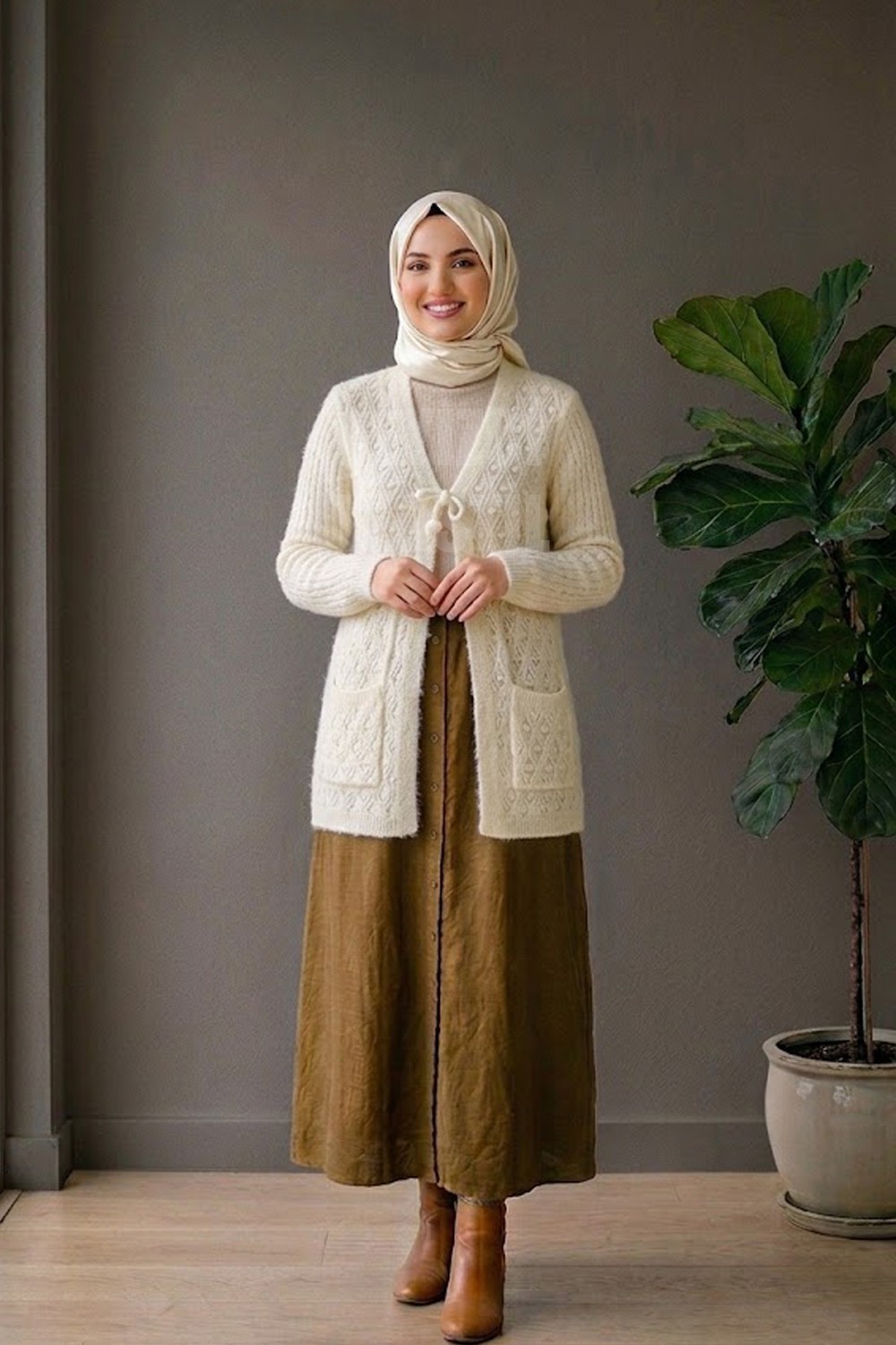 Belirtilmemiş Yumoş Ponpon Bağlamalı Yelek - Krem