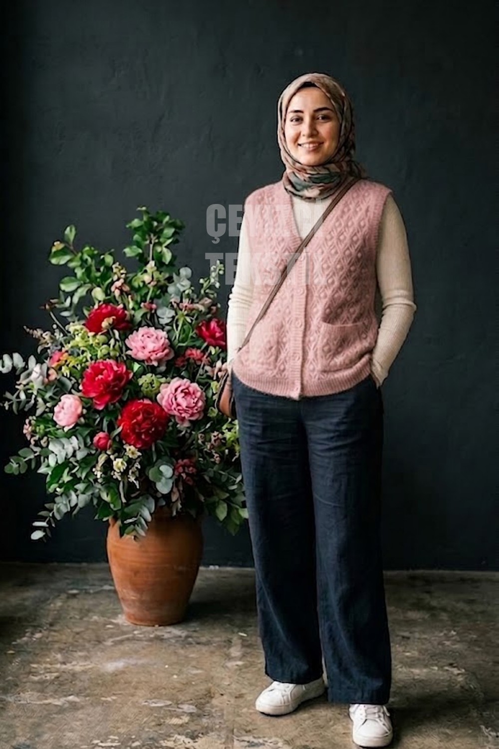 Belirtilmemiş Yumoş Ponpon Düğmeli Yelek - Pudra