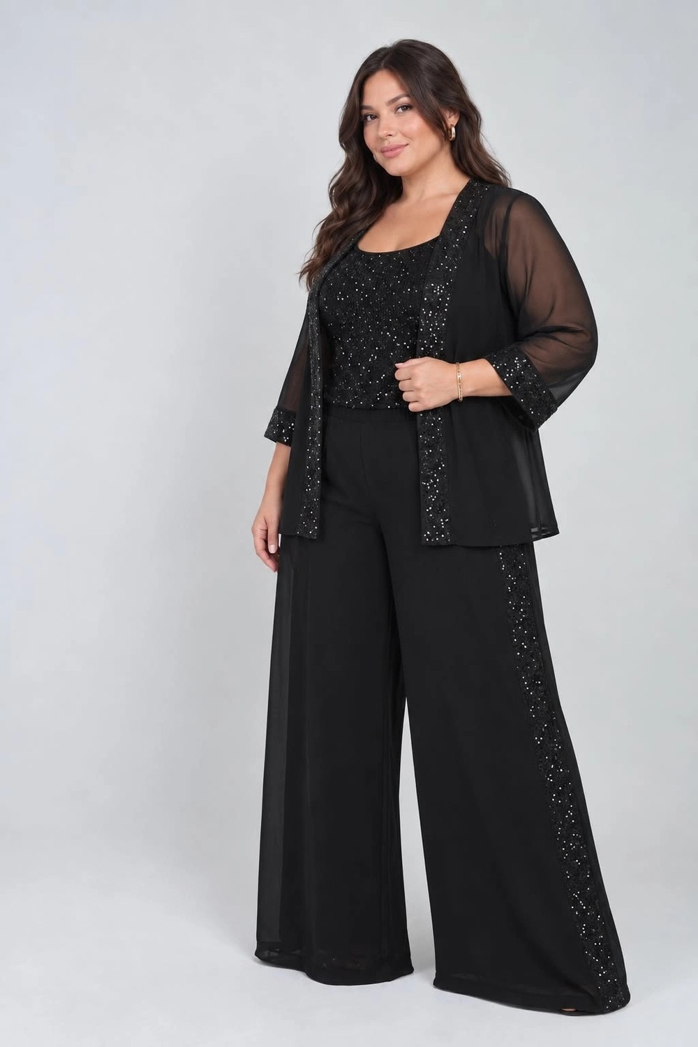 Lady Majestic Kadın Beli Lastikli Yanı Pulpayet Şeritli Astarlı Palazzo Bol Paça Şifon Pantolon görsel 2