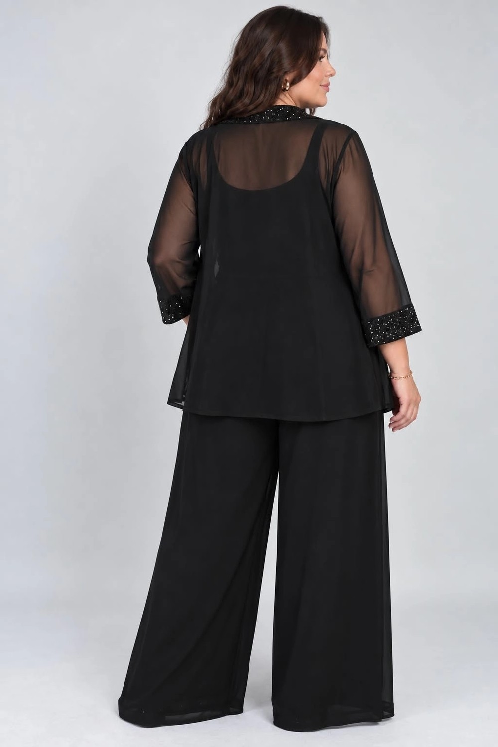Lady Majestic Kadın Beli Lastikli Yanı Pulpayet Şeritli Astarlı Palazzo Bol Paça Şifon Pantolon görsel 3