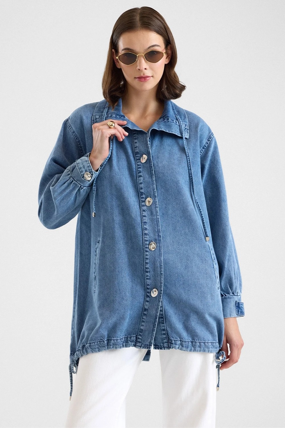 Olcay Eteği Büzgülü Bağcık Detaylı Oversize Ceket Mavi 8288