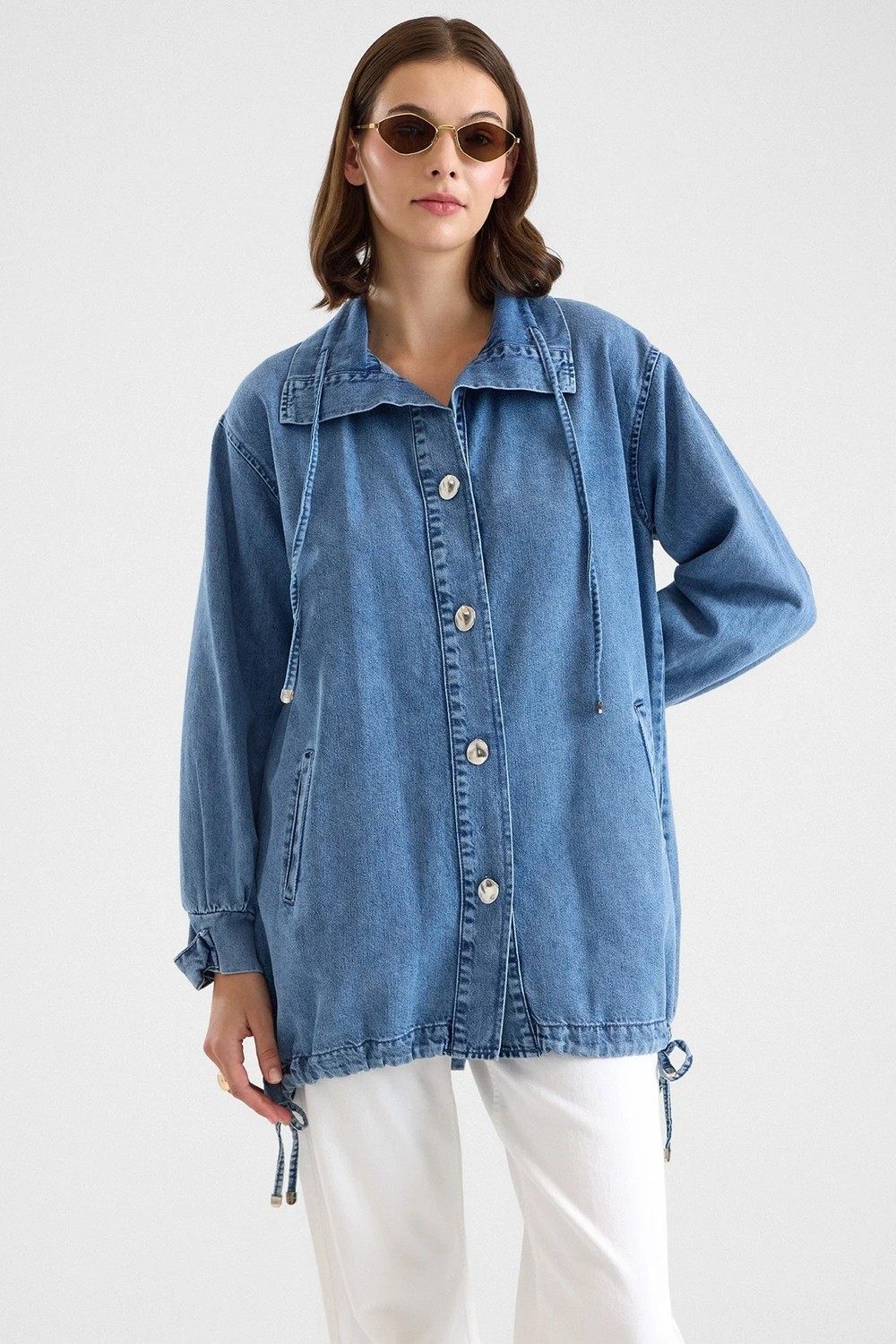 Olcay Eteği Büzgülü Bağcık Detaylı Oversize Ceket Mavi 8288 görsel 4