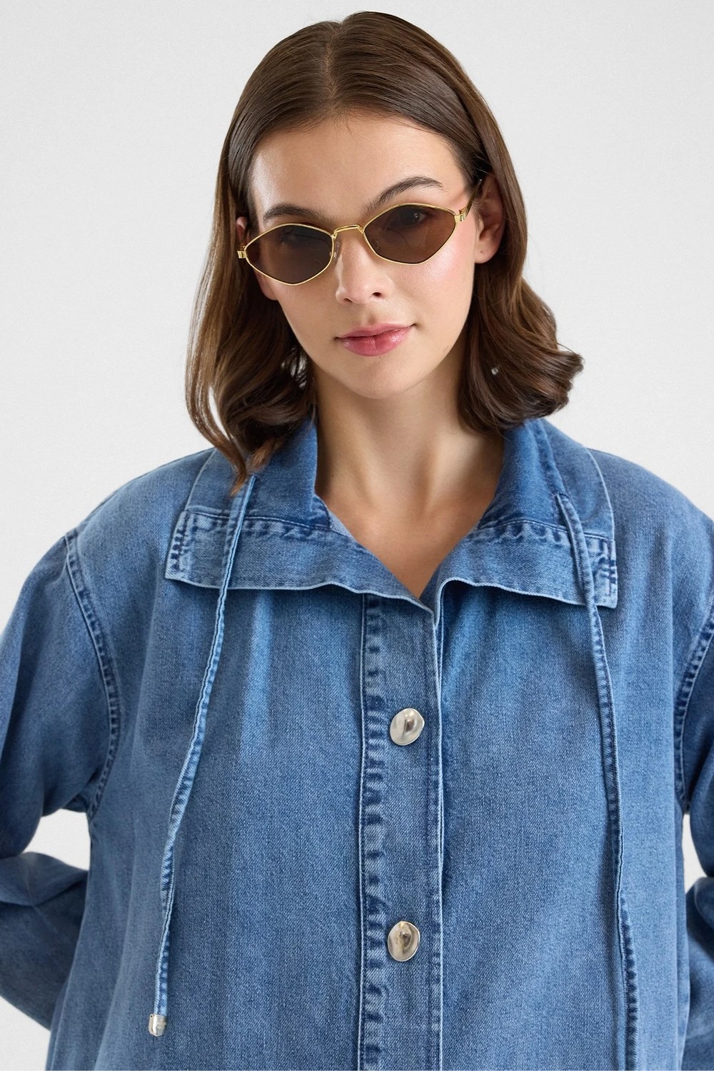 Olcay Eteği Büzgülü Bağcık Detaylı Oversize Ceket Mavi 8288 görsel 6