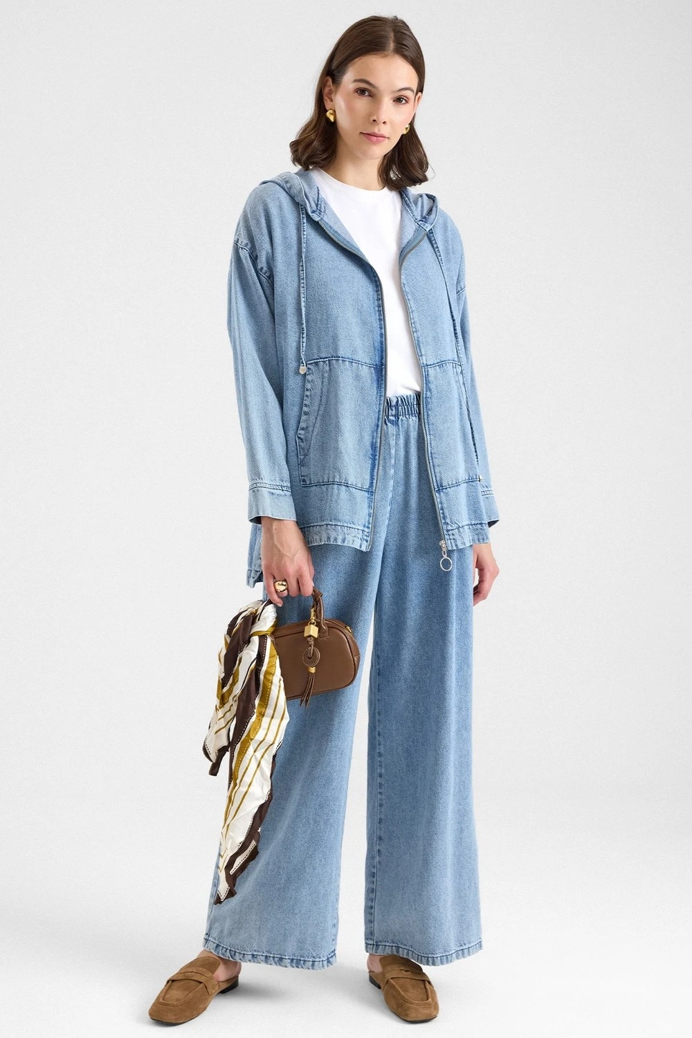 Olcay Fermuar Kapamalı Kapüşonlu Soft Denim Ceket Pantolon Ikili Takım Açık Mavi 9402-TK görsel 2
