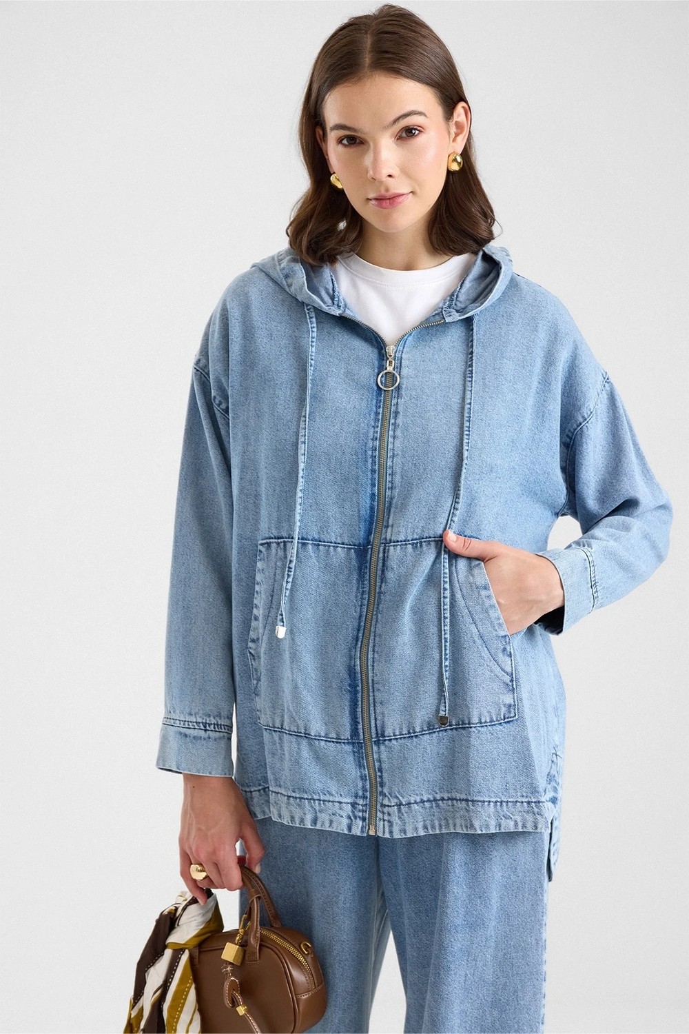 Olcay Fermuar Kapamalı Kapüşonlu Soft Denim Ceket Pantolon Ikili Takım Açık Mavi 9402-TK görsel 3