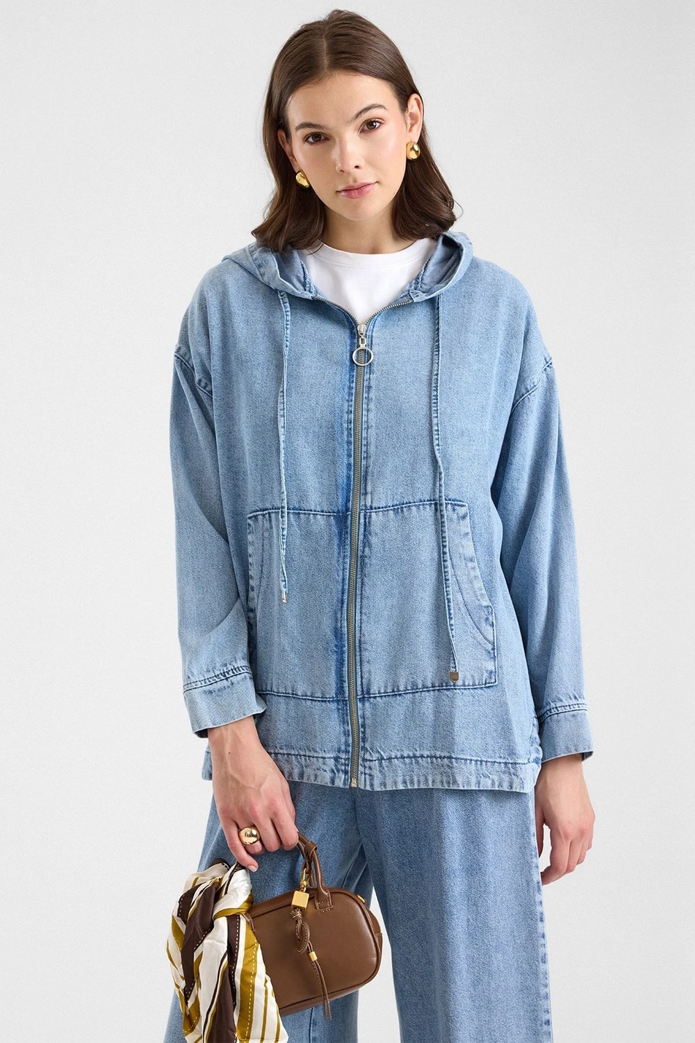 Olcay Fermuar Kapamalı Kapüşonlu Soft Denim Ceket Pantolon Ikili Takım Açık Mavi 9402-TK görsel 5