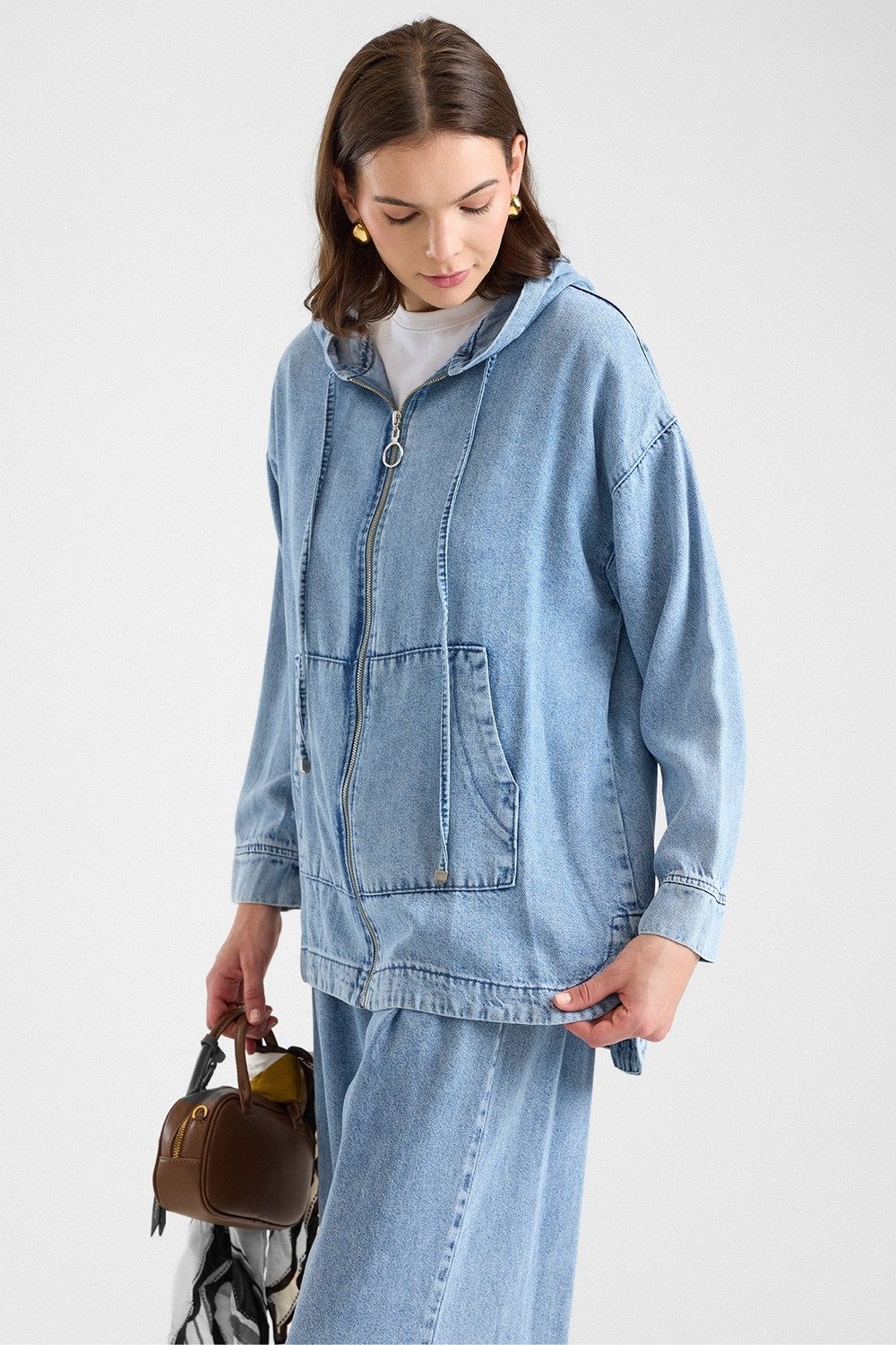 Olcay Fermuar Kapamalı Kapüşonlu Soft Denim Ceket Pantolon Ikili Takım Açık Mavi 9402-TK görsel 7