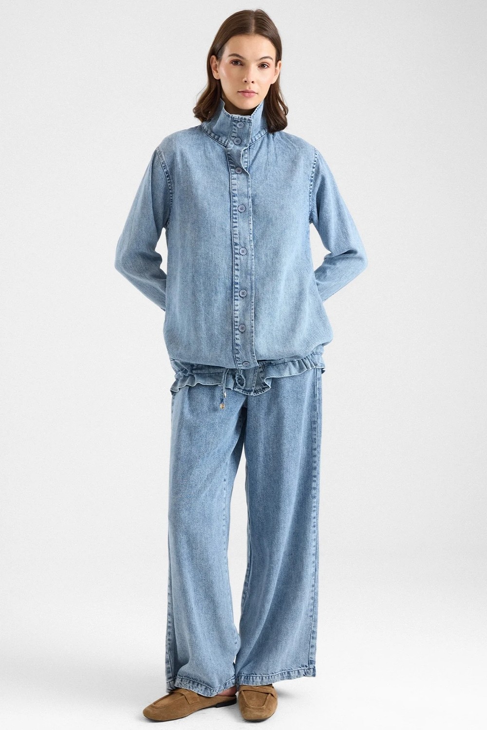 Olcay Büzgü Detaylı Soft Denim Ceket Pantolon Ikili Takım Mavi 9472-TK