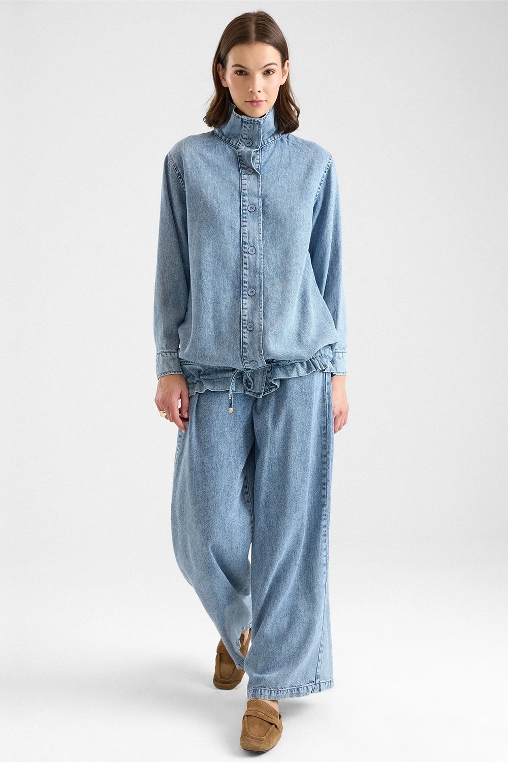 Olcay Büzgü Detaylı Soft Denim Ceket Pantolon Ikili Takım Mavi 9472-TK görsel 2