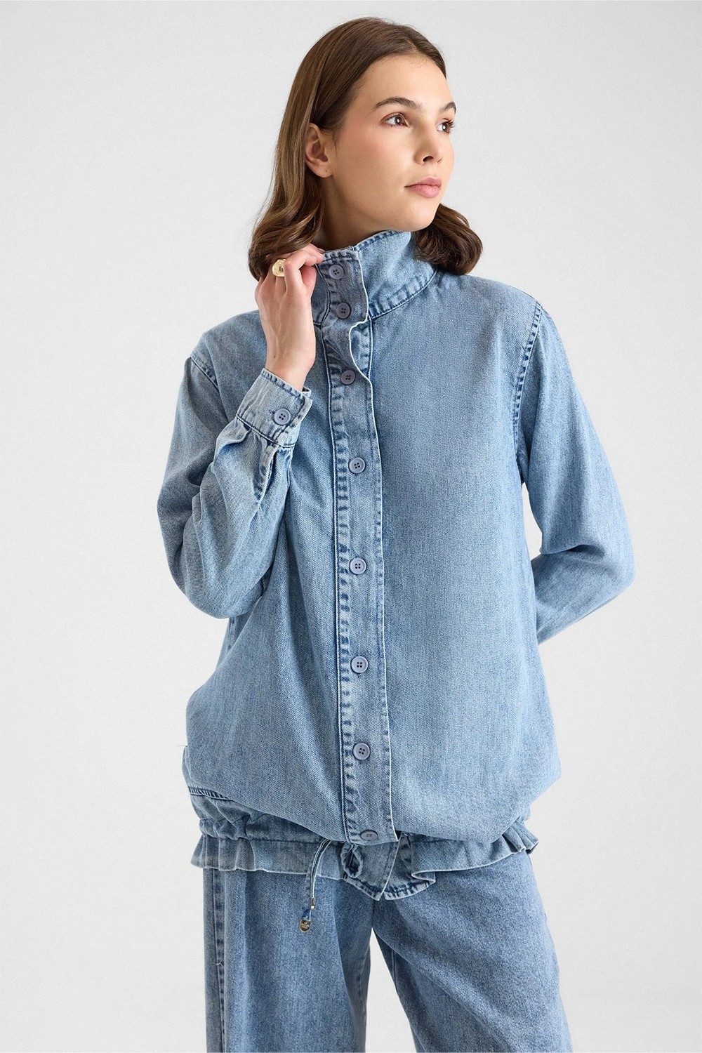 Olcay Büzgü Detaylı Soft Denim Ceket Pantolon Ikili Takım Mavi 9472-TK görsel 3
