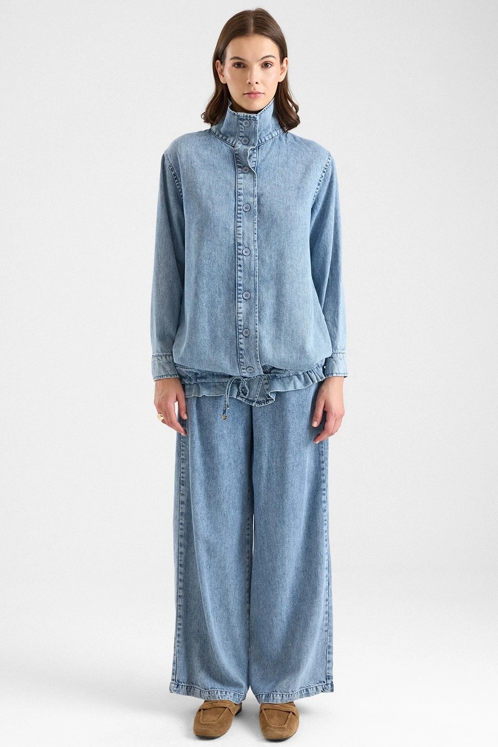 Olcay Büzgü Detaylı Soft Denim Ceket Pantolon Ikili Takım Mavi 9472-TK görsel 4