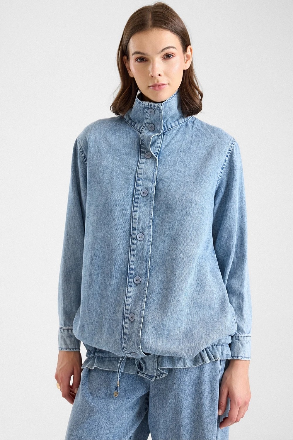 Olcay Büzgü Detaylı Soft Denim Ceket Pantolon Ikili Takım Mavi 9472-TK görsel 5