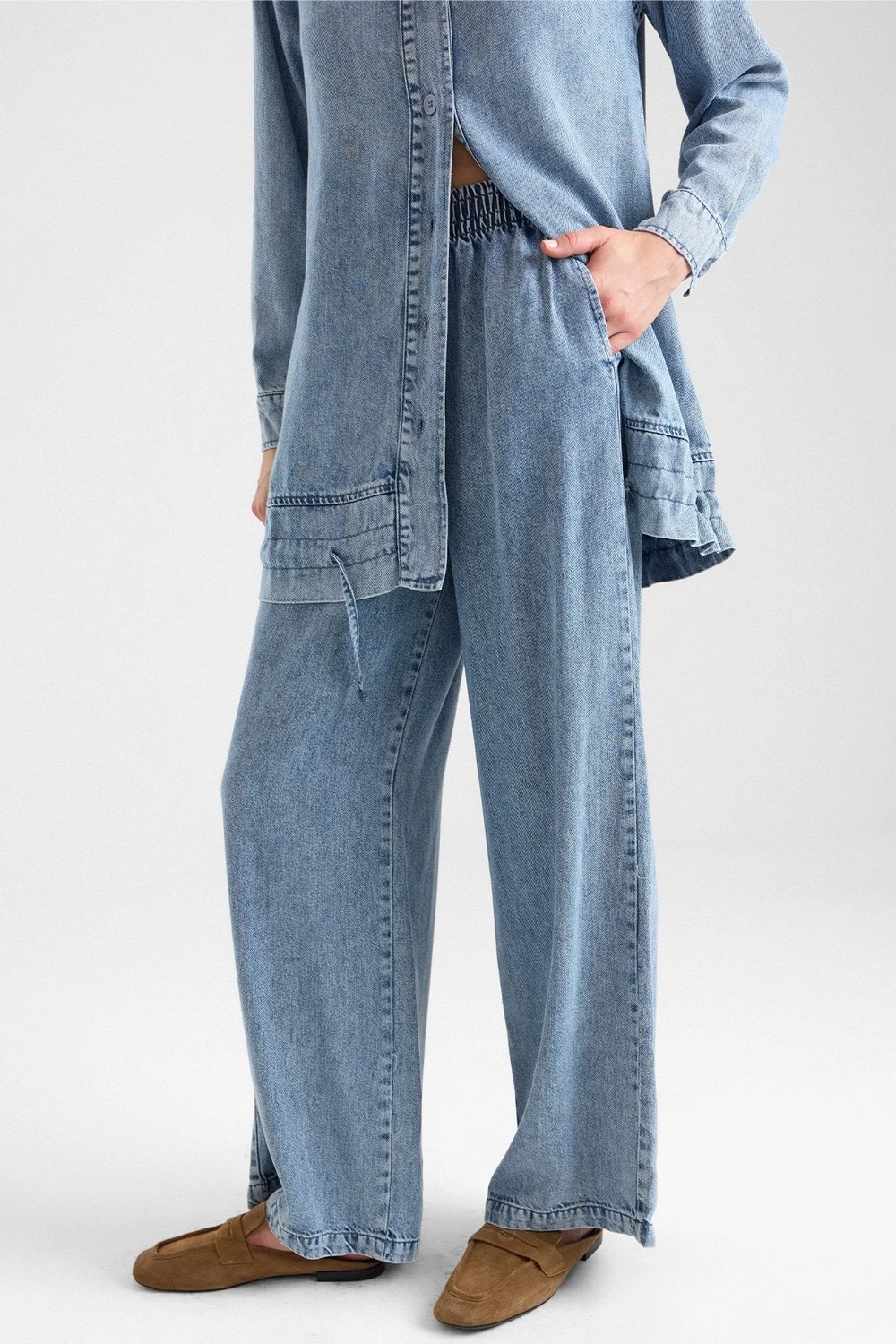 Olcay Büzgü Detaylı Soft Denim Ceket Pantolon Ikili Takım Mavi 9472-TK görsel 7