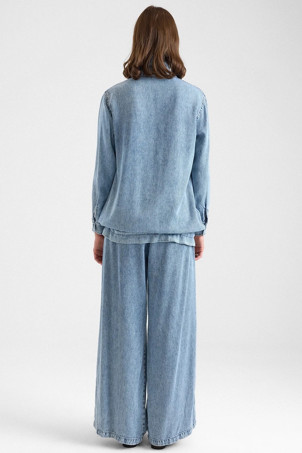 Olcay Büzgü Detaylı Soft Denim Ceket Pantolon Ikili Takım Mavi 9472-TK görsel 8