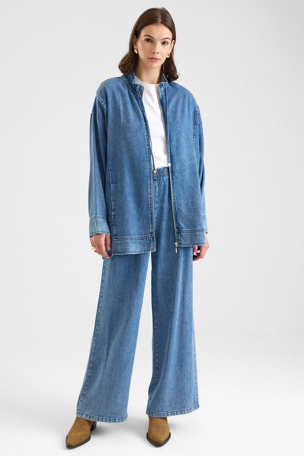Olcay Fermuar Kapamalı Bağcık Detaylı Soft Denim Ceket Pantolon Ikili Takım Mavi 9468-TK