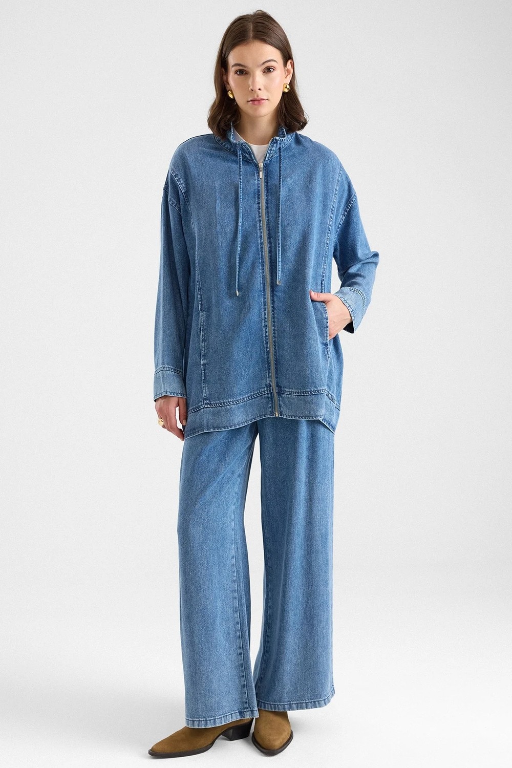 Olcay Fermuar Kapamalı Bağcık Detaylı Soft Denim Ceket Pantolon Ikili Takım Mavi 9468-TK görsel 2