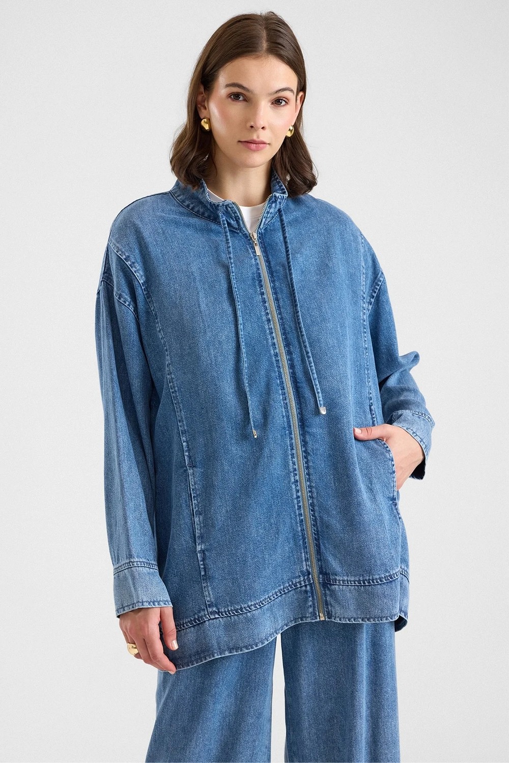 Olcay Fermuar Kapamalı Bağcık Detaylı Soft Denim Ceket Pantolon Ikili Takım Mavi 9468-TK görsel 3