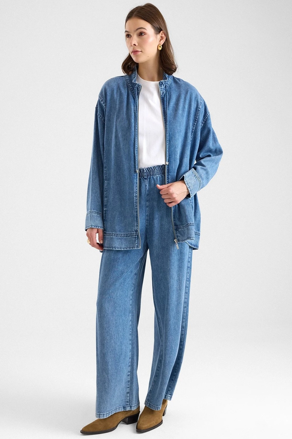 Olcay Fermuar Kapamalı Bağcık Detaylı Soft Denim Ceket Pantolon Ikili Takım Mavi 9468-TK görsel 4