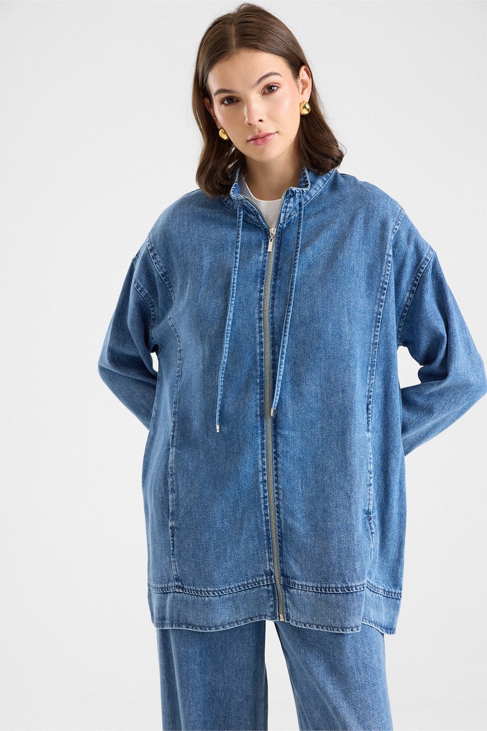 Olcay Fermuar Kapamalı Bağcık Detaylı Soft Denim Ceket Pantolon Ikili Takım Mavi 9468-TK görsel 5