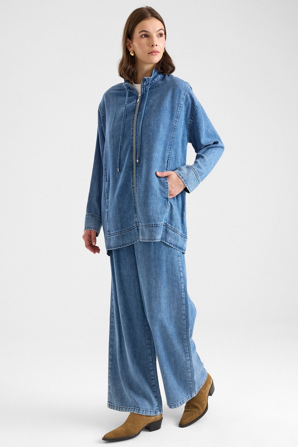 Olcay Fermuar Kapamalı Bağcık Detaylı Soft Denim Ceket Pantolon Ikili Takım Mavi 9468-TK görsel 6