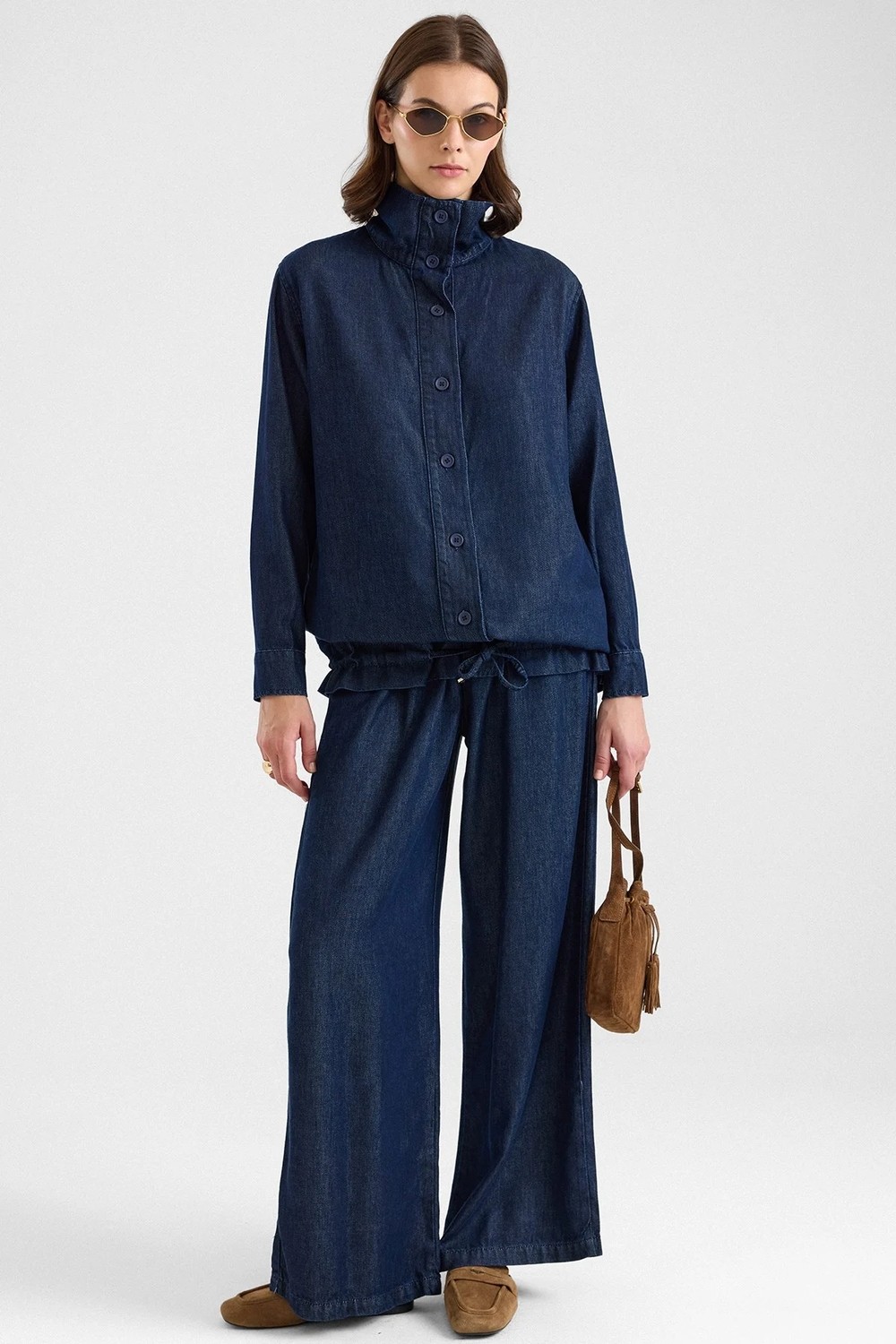 Olcay Büzgü Detaylı Soft Denim Ceket Pantolon Ikili Takım Lacivert 9472-TK