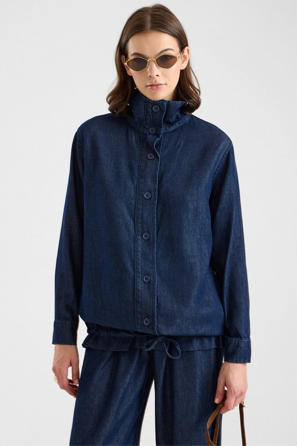 Olcay Büzgü Detaylı Soft Denim Ceket Pantolon Ikili Takım Lacivert 9472-TK görsel 2