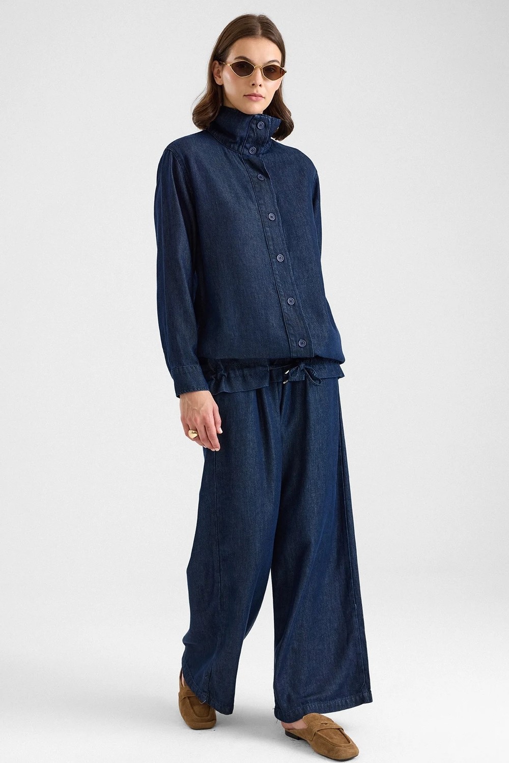Olcay Büzgü Detaylı Soft Denim Ceket Pantolon Ikili Takım Lacivert 9472-TK görsel 3