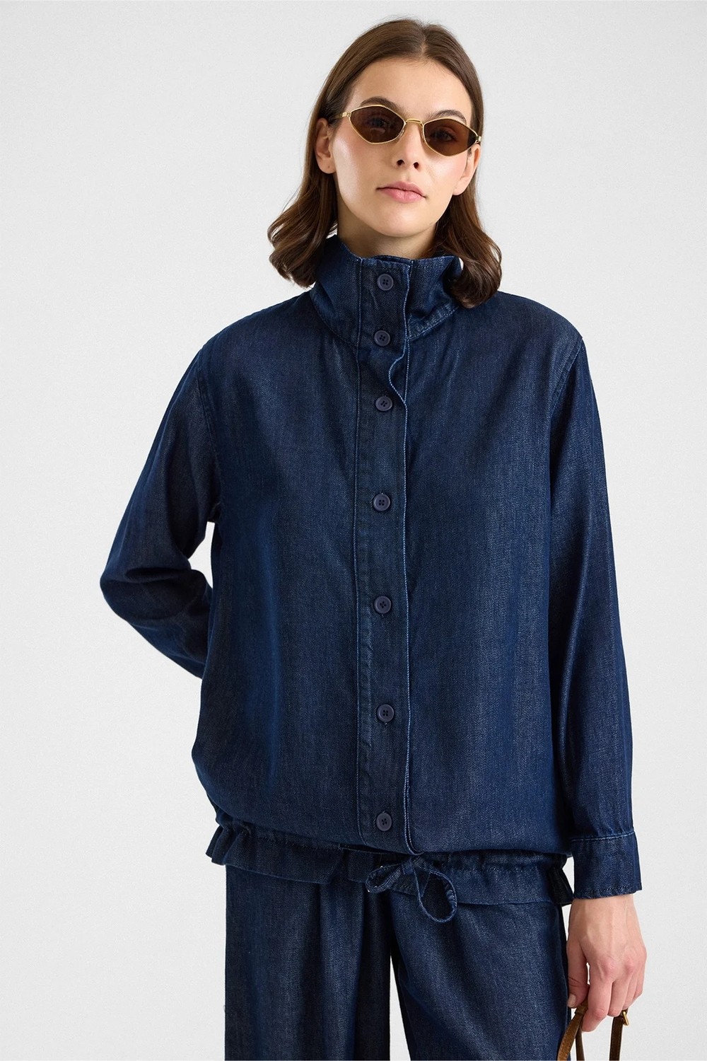 Olcay Büzgü Detaylı Soft Denim Ceket Pantolon Ikili Takım Lacivert 9472-TK görsel 4