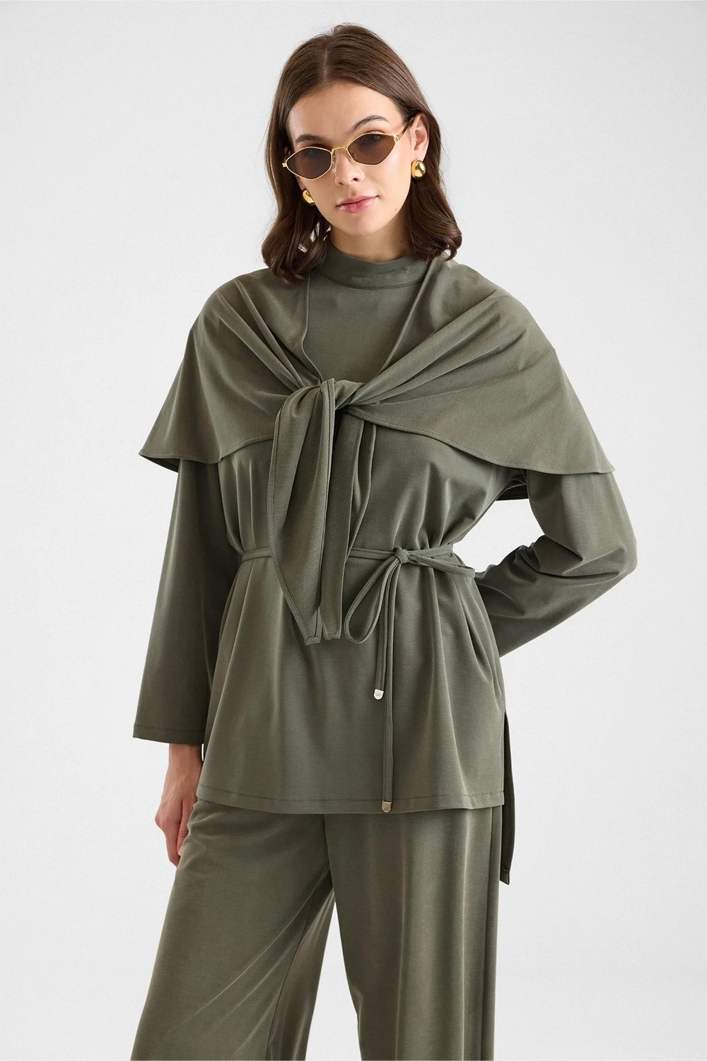 Olcay Şal Aksesuarlı Premium Kumaş Tunik Pantolon Haki 9470-TK görsel 2