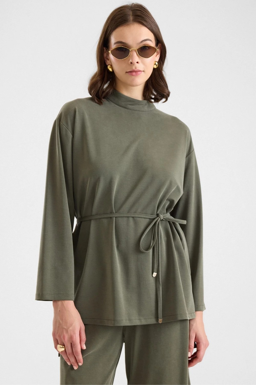 Olcay Şal Aksesuarlı Premium Kumaş Tunik Pantolon Haki 9470-TK görsel 4