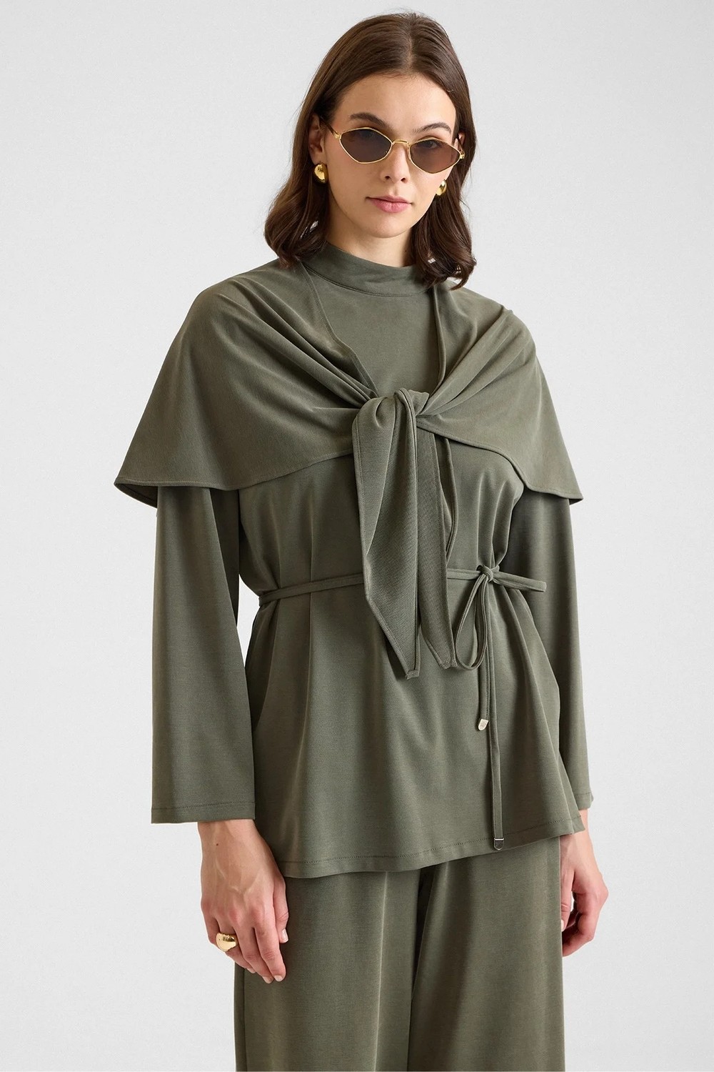 Olcay Şal Aksesuarlı Premium Kumaş Tunik Pantolon Haki 9470-TK görsel 6
