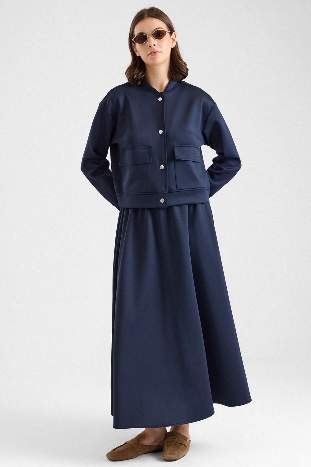 Olcay Torba Cep Detaylı Ceket Etek Ikili Scuba Takım Lacivert 9469-TK görsel 5
