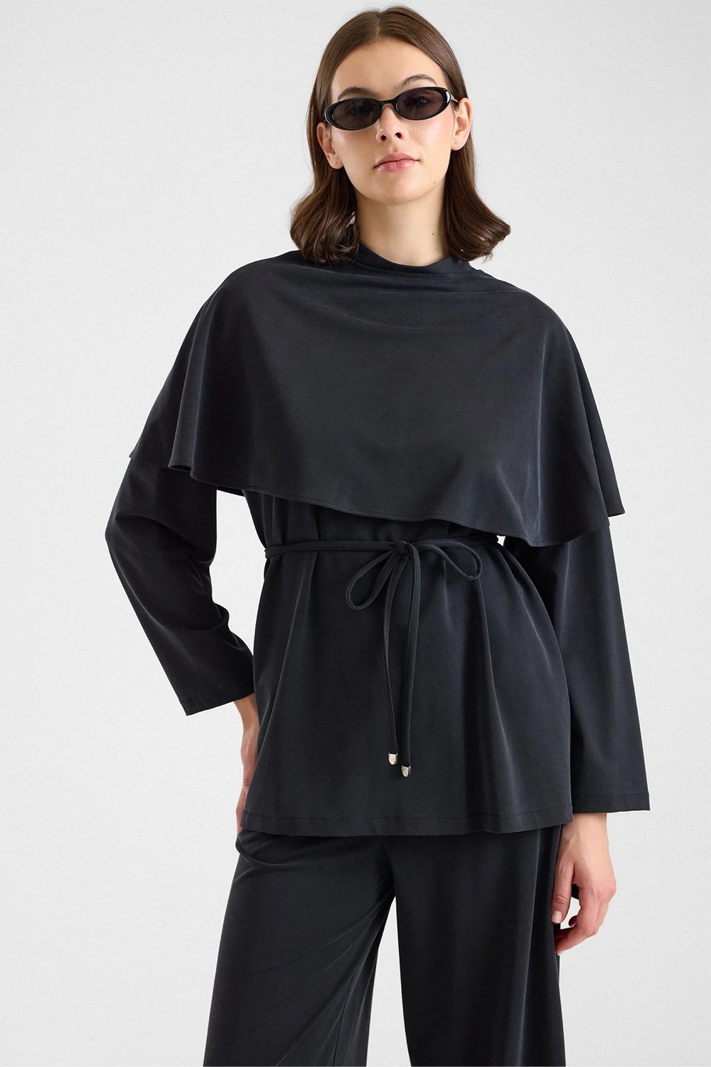 Olcay Şal Aksesuarlı Premium Kumaş Tunik Pantolon Siyah 9470-TK görsel 2
