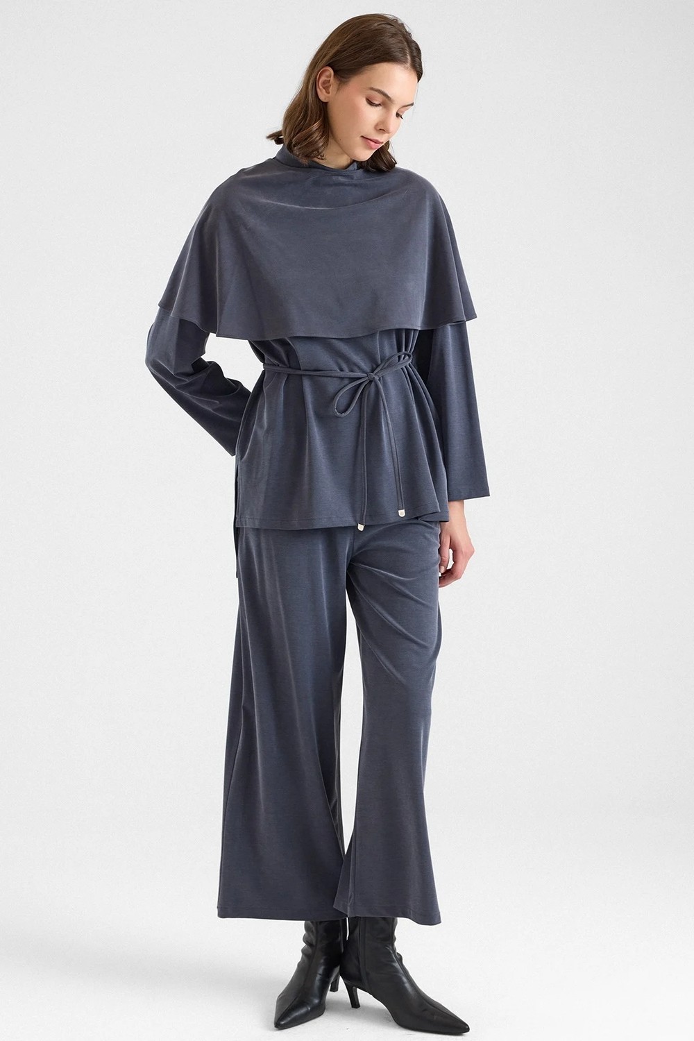 Olcay Şal Aksesuarlı Premium Kumaş Tunik Pantolon Füme 9470-TK