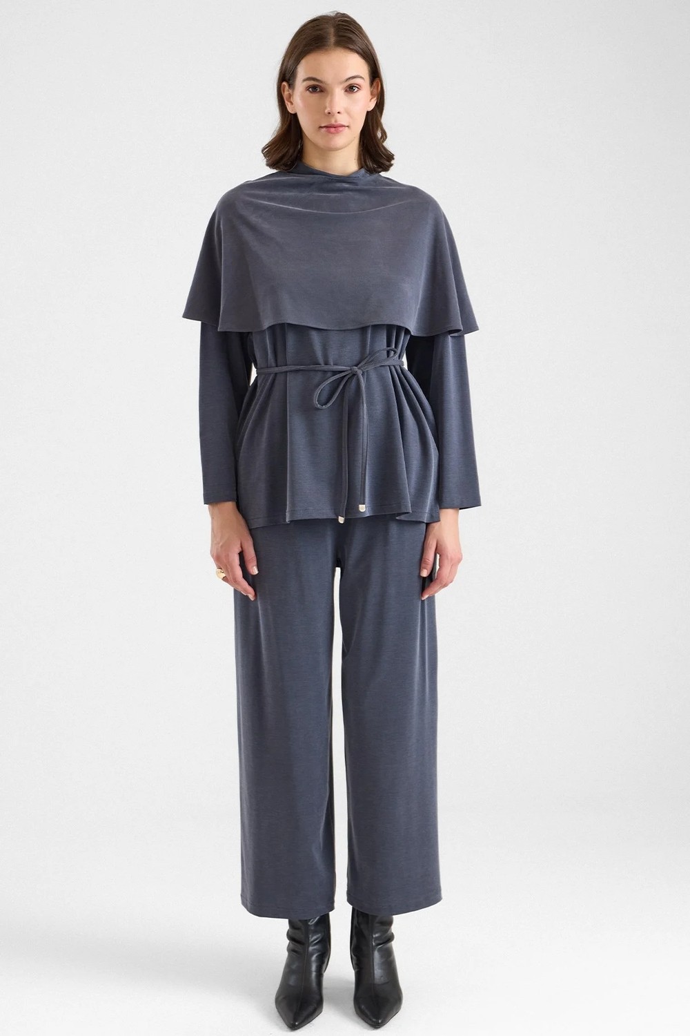 Olcay Şal Aksesuarlı Premium Kumaş Tunik Pantolon Füme 9470-TK görsel 2