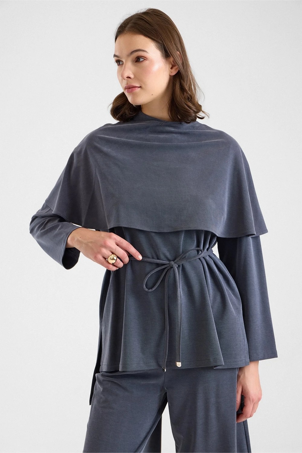 Olcay Şal Aksesuarlı Premium Kumaş Tunik Pantolon Füme 9470-TK görsel 3