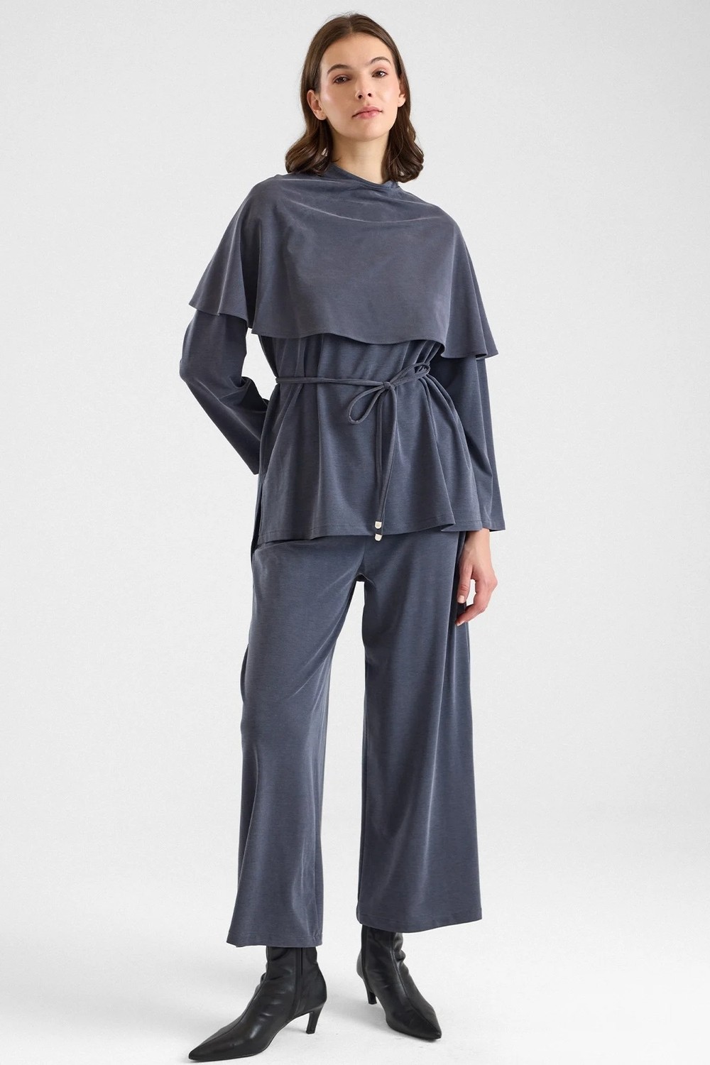 Olcay Şal Aksesuarlı Premium Kumaş Tunik Pantolon Füme 9470-TK görsel 4
