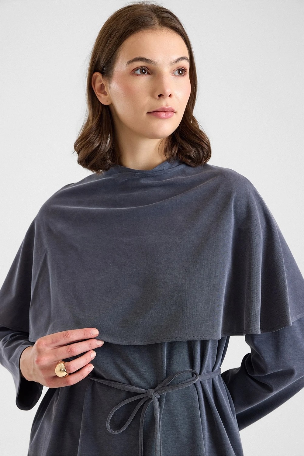 Olcay Şal Aksesuarlı Premium Kumaş Tunik Pantolon Füme 9470-TK görsel 6